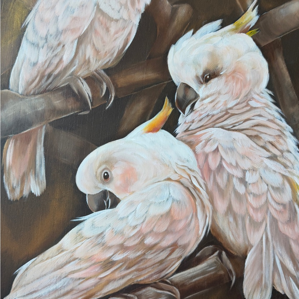 Elegant Cockatoo Bird Art Print. Oil painting on wood, 23”